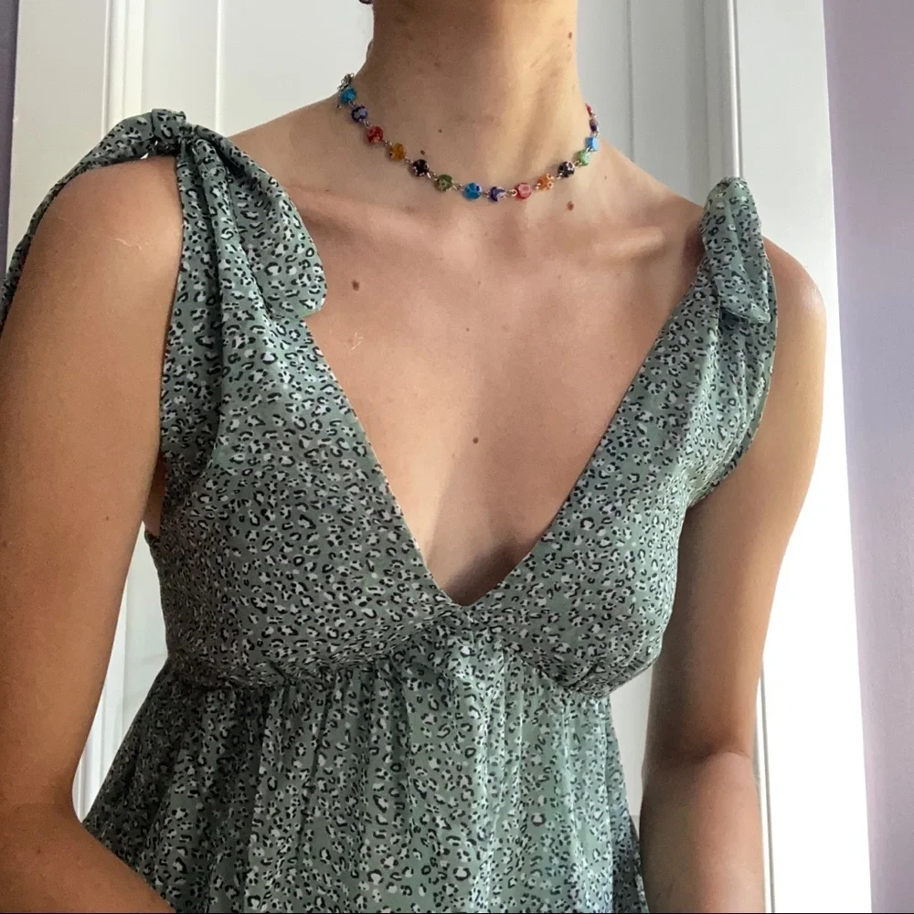 Flowy Summer Dress size S, muted green leopard print, polyester, brand: BaeVely. - Picture 2 of 6
